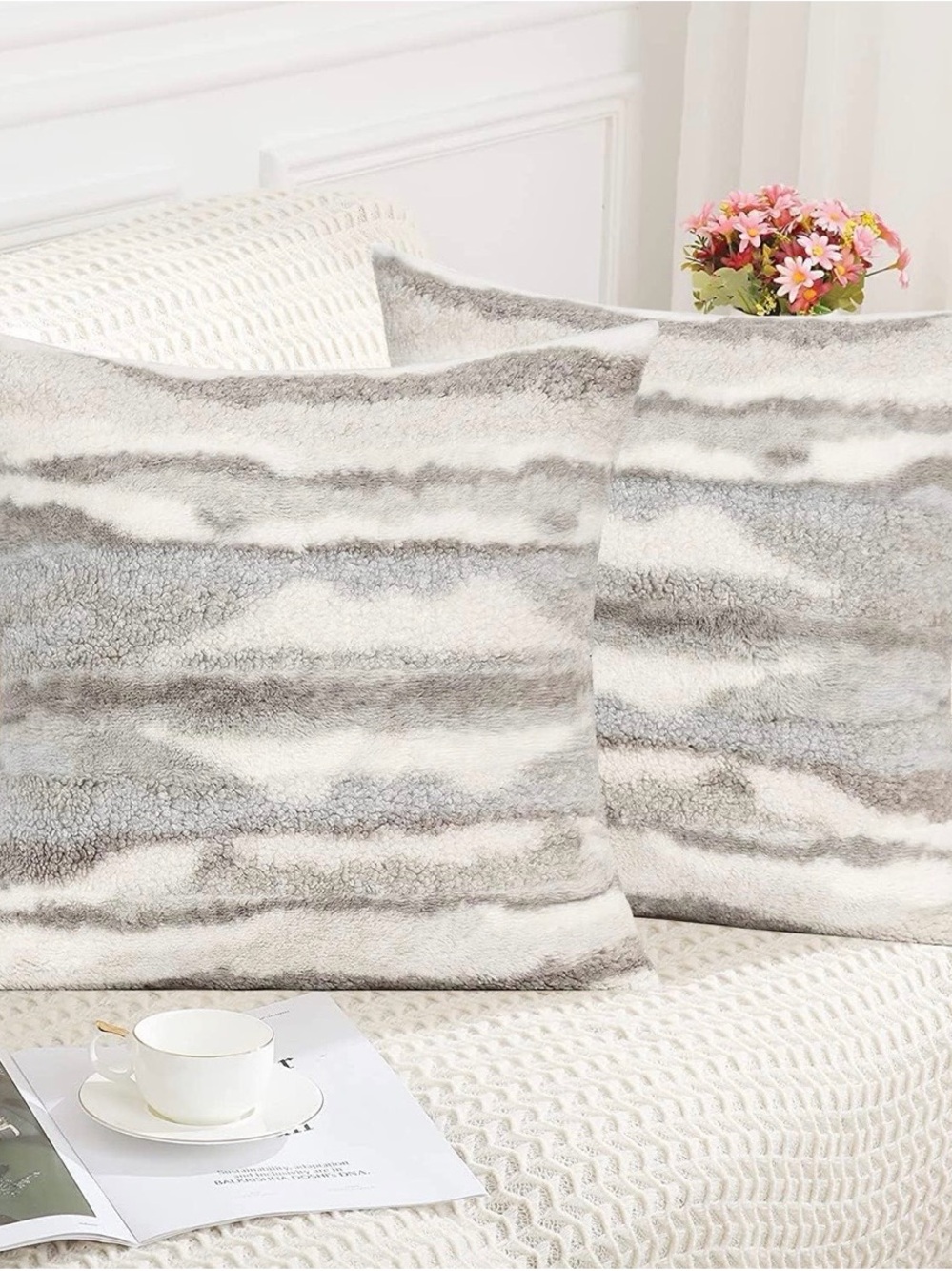 Grey Faux Fur Pillow Covers. 18x18 set.